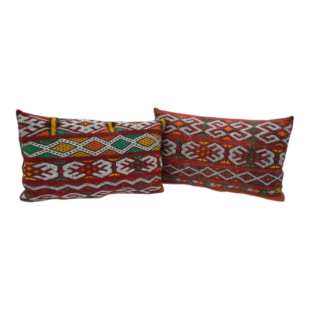 Vintage Colorful Berber-Patterned Moroccan Pillows- a Pair For Sale