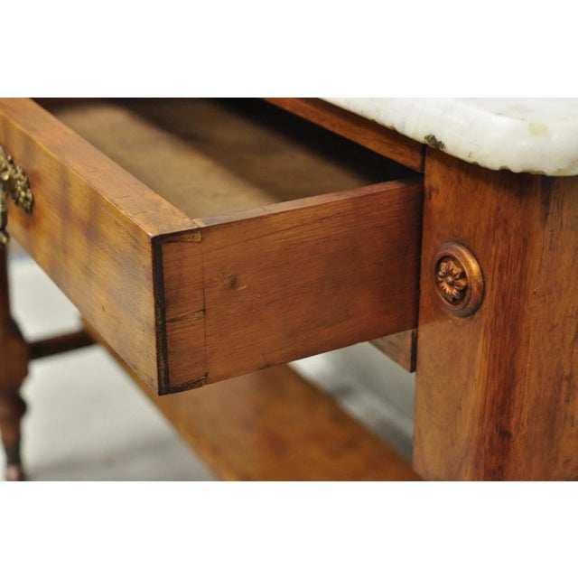 Wood Antique Victorian Walnut Marble Top Washstand Good Luck Swastika Tile Backsplash For Sale - Image 7 of 18
