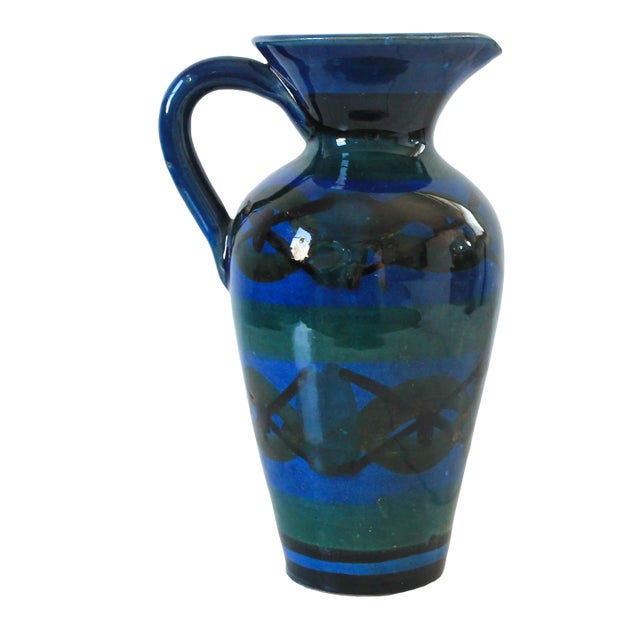 Vintage Italian Blue and Green Pottery Pitcher For Sale