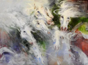 Oil Painting, Whites, Greens, Red, "V Horse Profiles Shown in Various Directions"