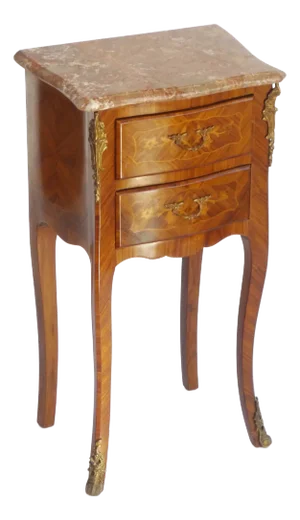 Small Antique Louis XV Style Wooden Nightstand with Marquetry Details, Brown Marble Top and Brass Details