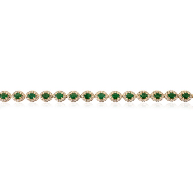 Art Deco 3.24ct Natural Zambian Emerald & 1.83ct Diamond Halo Tennis Bracelet in 14k Gold For Sale - Image 3 of 14
