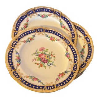 Antique 19th Century English Porcelain 9" Luncheon Plates With Hand Painted Flowers - Set of 9 For Sale