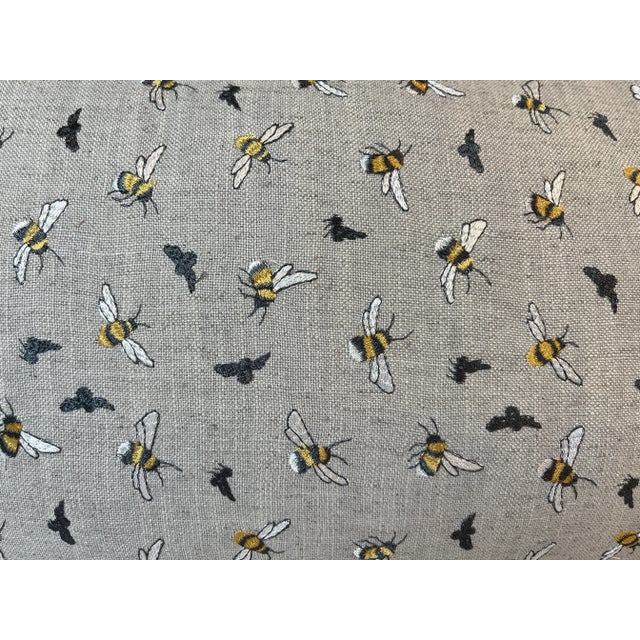 Farmhouse Large Bolster Pillow Covered in a Hand Stitched Look Swarm of Bees and Their Shadows on a Gray Background With Gold Velvet-Like Backing - Made in U K For Sale - Image 3 of 11