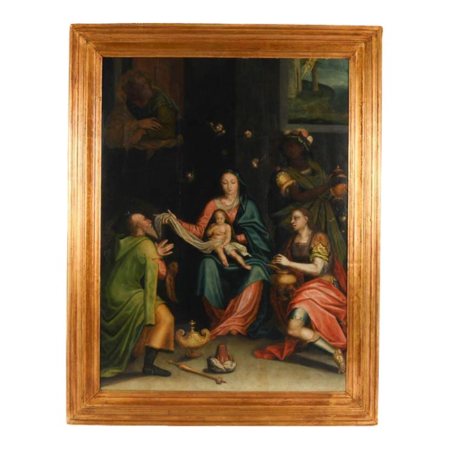 Early 20th Century Antique Framed Adoration of the Magi Oil on Board For Sale