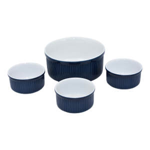 1980s Dansk Bistro 4pc Christianshavn Blue Ribbed Ramekins & Soufflé Casserole Dish