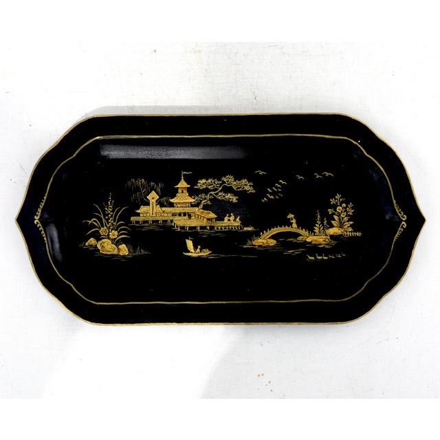 Black Hand-Painted Chinoiserie Art Deco Metal Tray For Sale - Image 12 of 12