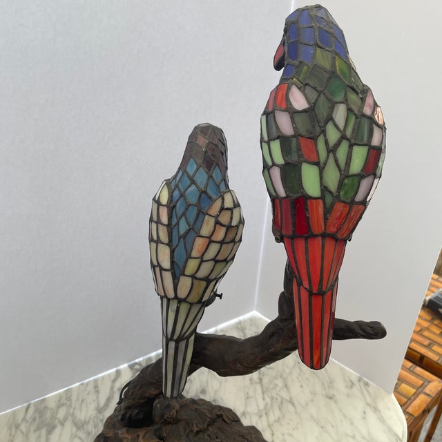 Glass Vintage Bronze and Stained Glass Lamps Parrots For Sale - Image 7 of 11