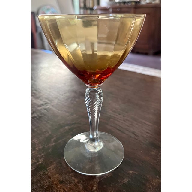 Amber 1930s Mid-Century Cambridge Glass Amber & Clear Stem Champagne Coupes - Set of 7 For Sale - Image 8 of 18