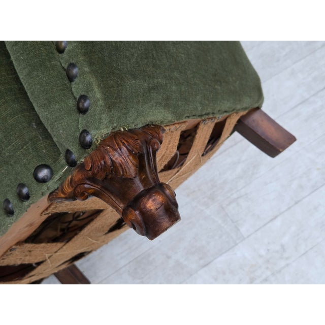 1950s, Danish 3-seater corner "Banan" sofa. Uniqe model. Green furniture velour, carved beech wood legs, brass springs in...
