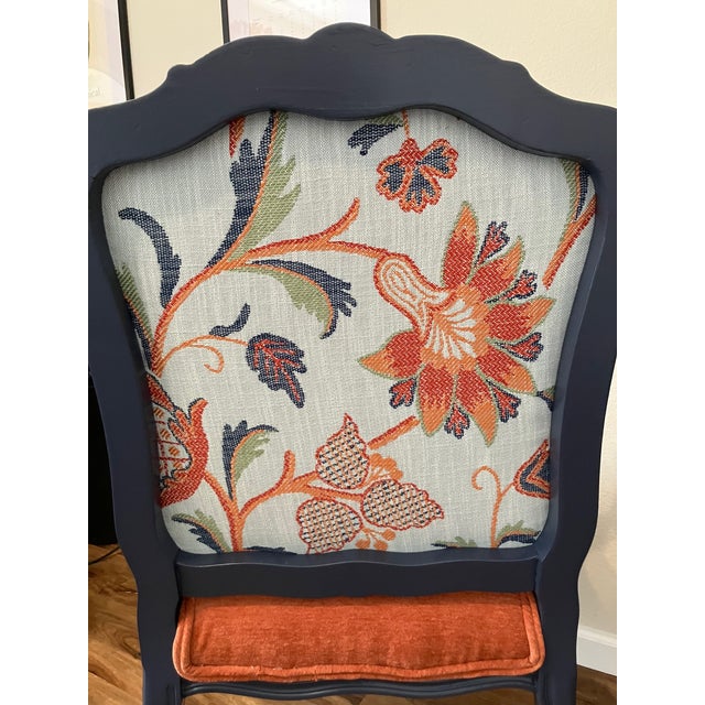 Hand-Painted French Provincial Armchair - Navy Blue & Orange Velvet - Whimsical Floral Reupholstered Accent Chair For Sale In Austin - Image 6 of 14