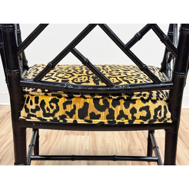 Vintage Chippendale Style Black Faux Bamboo Arm Chair With Leopard Print Velvet Upholstery For Sale - Image 11 of 11
