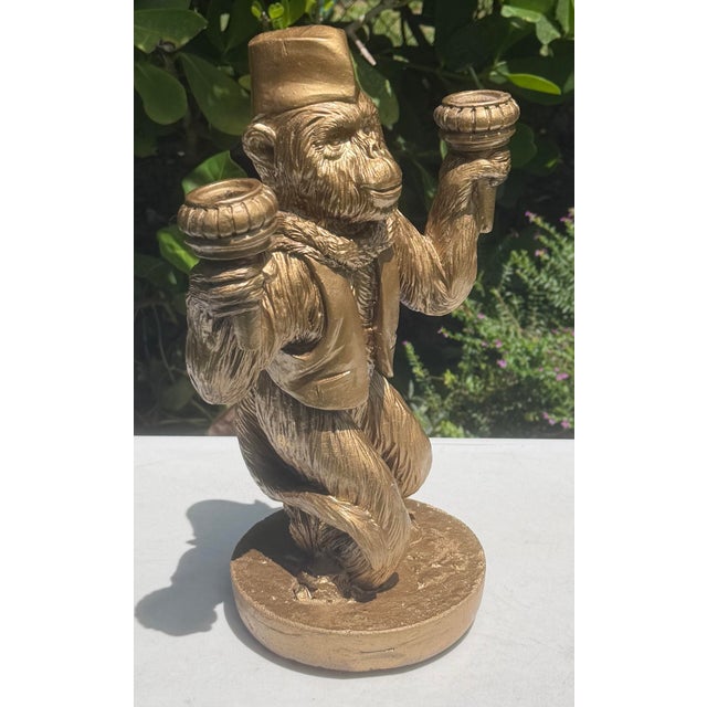 Maitland - Smith Vintage Monkey Candelabra Sculpture With Fez Hat, Aged Gold Finish For Sale - Image 4 of 11