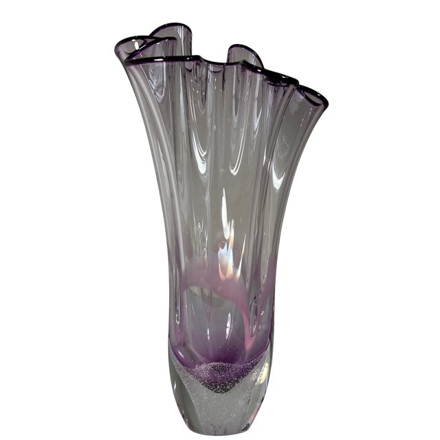 11 3/4 In. Vintage 24 % Lead Crystal Amethyst Purple Art Glass Handkerchief Ruffle Vase For Sale - Image 12 of 17