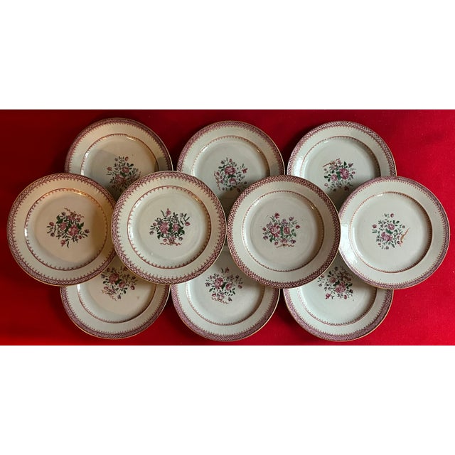 18th Century Antique 18th Century Chinese Export Porcelain Plates in Famille Rose Palette Decorated With Flowers - A Set of 10 For Sale - Image 5 of 12
