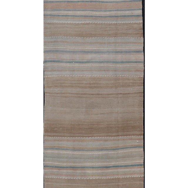 Vintage Turkish Kilim Runner Neutral Striped Beige Brown Wool Flatweave For Sale - Image 4 of 11