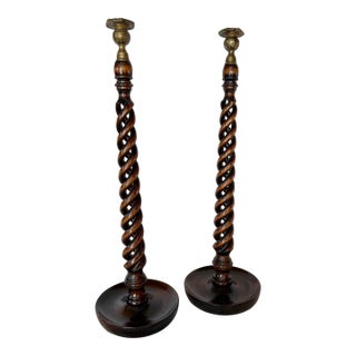 19th Century English Oak Open Barley Twist Candlesticks - A Pair For Sale