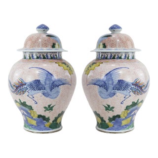 Pair of Chinese Late Qing Dynasty, Jingdezhen Kiln, Famille Verte Covered Jar With Kirin and Phoenix on Iron-Red Brocade Ground For Sale