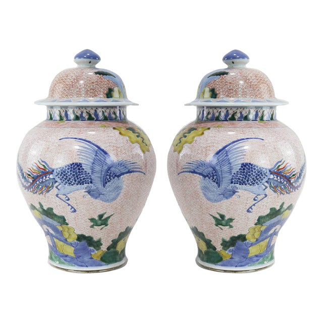 Pair of Chinese Late Qing Dynasty, Jingdezhen Kiln, Famille Verte Covered Jar With Kirin and Phoenix on Iron-Red Brocade Ground For Sale