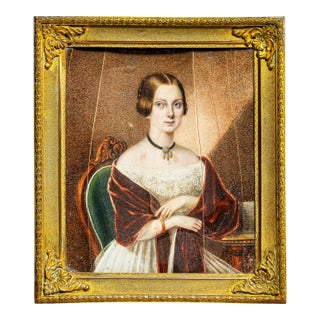 Refined Antique 19th Century Metal Framed Portrait Miniature Painting Woman For Sale