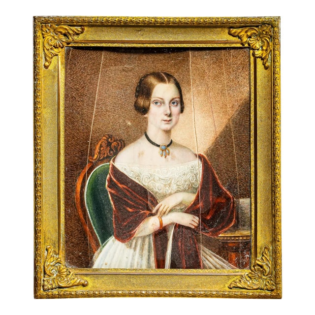 Refined Antique 19th Century Metal Framed Portrait Miniature Painting Woman For Sale