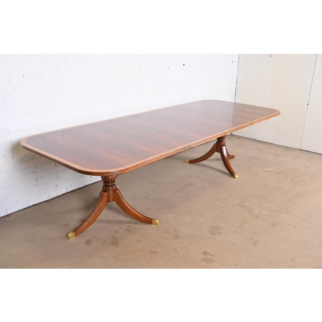 Ethan Allen Banded Flame Mahogany Double Pedestal Extension