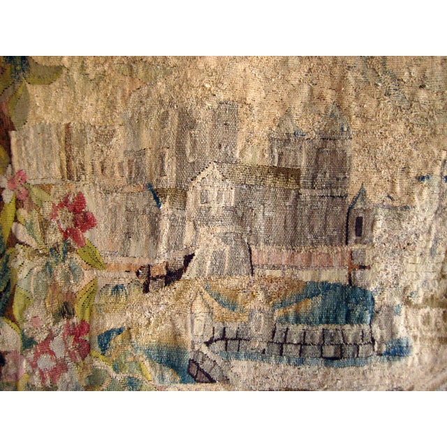Flemish Verdure Tapestry Two Herons Eating a Frog , Fantasized Giraffe and Boat , Circa 1700 For Sale - Image 11 of 18