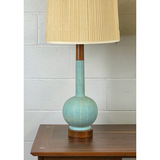 Mid-Century Modern 1950s Danish Modern Teal Ceramic & Walnut Lamps - a Pair For Sale - Image 3 of 6