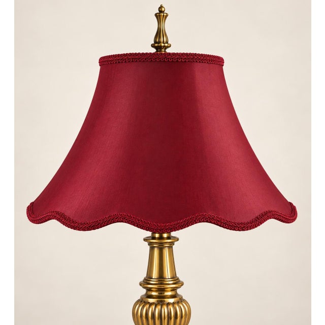 Hollywood Regency Mid 20th Century Neoclassical Urn Solid Brass Lamps With Deep Red Scalloped Bell Shades - Pair For Sale - Image 3 of 5