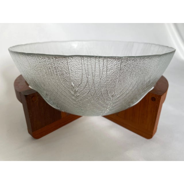 1960s Danish Glass Salad Serving Bowl on Curved Teak Wood Stand For Sale - Image 4 of 11