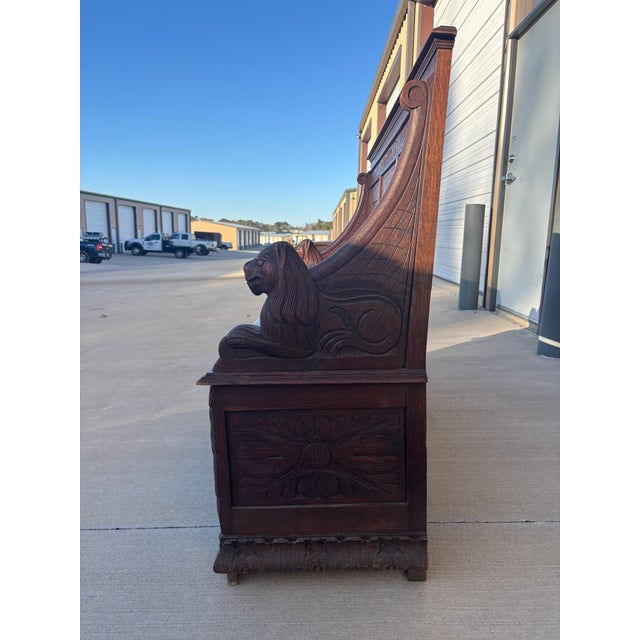 Mid 19th Century Victorian Oak Monk's Bench or Settle With Carved Lion Arms and a Hinged Seat For Sale In Dallas - Image 6 of 9