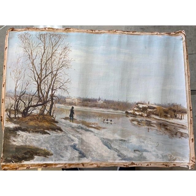 Atmospheric vintage original oil painting on canvas depicting a quiet winter landscape with a partially frozen river,...