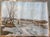 Atmospheric vintage original oil painting on canvas depicting a quiet winter landscape with a partially frozen river,...