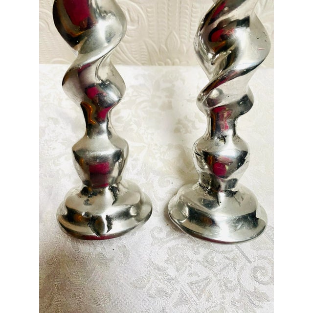 Pair of Vintage Hand Made Twisted Silver Candleholders Made in Mexico For Sale - Image 4 of 8