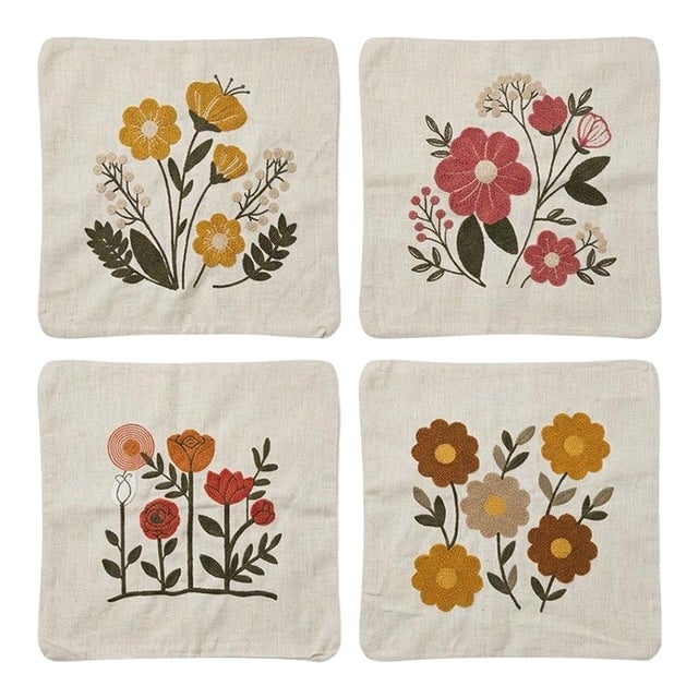 Turkish Hand-Embroidered Floral Cushion Covers - Set of 4 For Sale