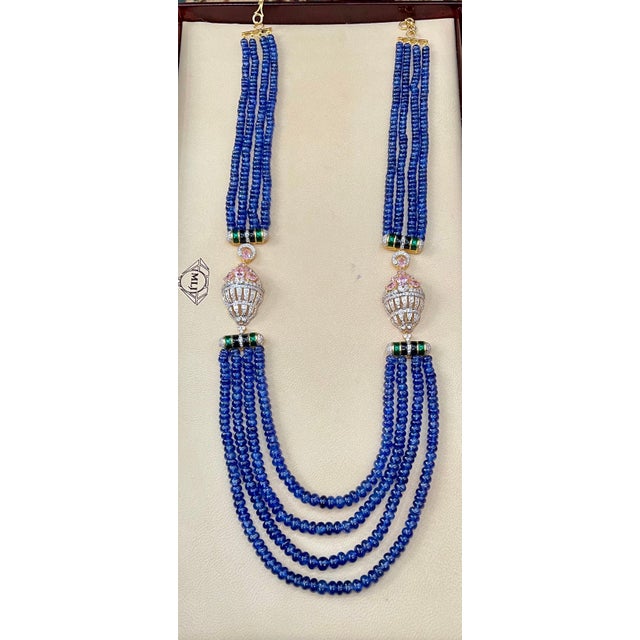 575 Ct Natural Tanzanite Bead Four Strand Necklace + 6.5 Ct Diamond 14 K Y Gold For Sale - Image 10 of 18