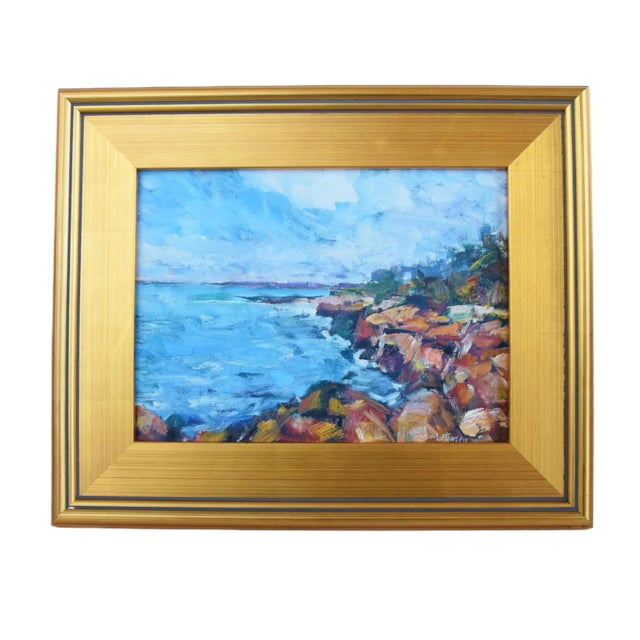 Wood California Coastal Waves Crashing on the Rocks Seascape Painting Displayed in a Custom Antiqued Gold Wood Frame For Sale - Image 7 of 9