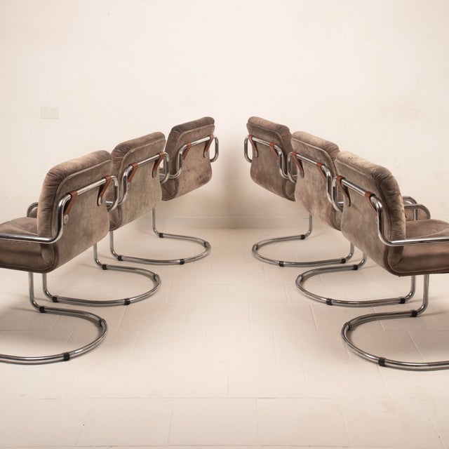 Italian Astro Chrome and Taupe Suede Armchairs by Guido Faleschini for I4 Mariani, 1979, Set of 6 For Sale - Image 6 of 18
