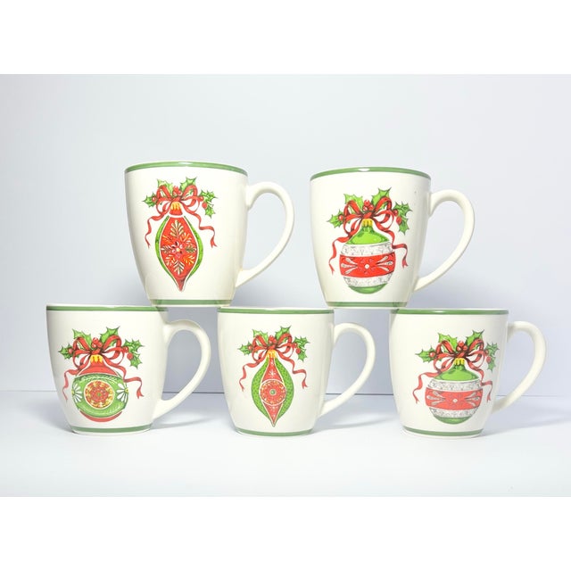 Christopher Radko “Holiday Celebrations, Green Trim” 5 Porcelain Mugs 4” 16oz Good condition. No chips, cracks, or...