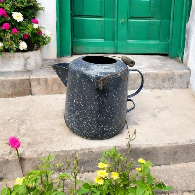 Blue Vintage Large Blue Speckled Enamel Federal Graniteware Coffee Pot For Sale - Image 8 of 10