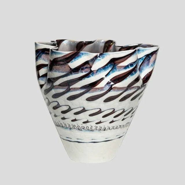 Glass Vintage Murano White Iridescent Wavy Decor Vase, 1980s For Sale - Image 7 of 7