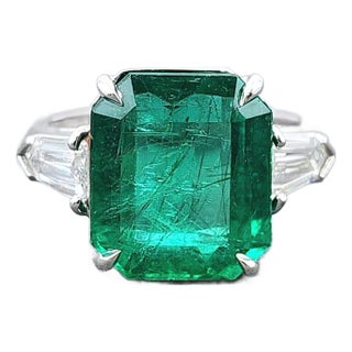 7.64 Ct Gia Certified Natural Zambian Emerald & Diamond Ring Size 7 For Sale