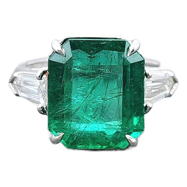 7.64 Ct Gia Certified Natural Zambian Emerald & Diamond Ring Size 7 For Sale