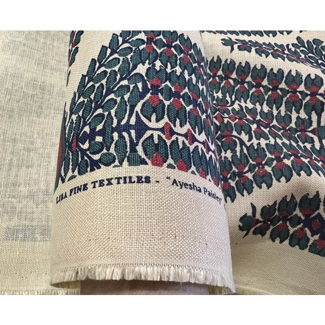 Asian Lisa Fine Ayesha Paisley Linen Beige Teal Green Red Upholstery Drapery Fabric For Sale - Image 3 of 7