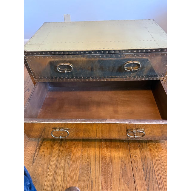 Sarreid Ltd. Vintage Sarreid Ltd. Handcrafted in Spain Brass-Clad Campaign Coffee Table With Two Drawers and Glass Top For Sale - Image 4 of 12