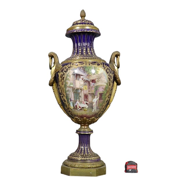 French Signed Sevres Monumental Urn Hand Decorated With Provincial French Scene For Sale
