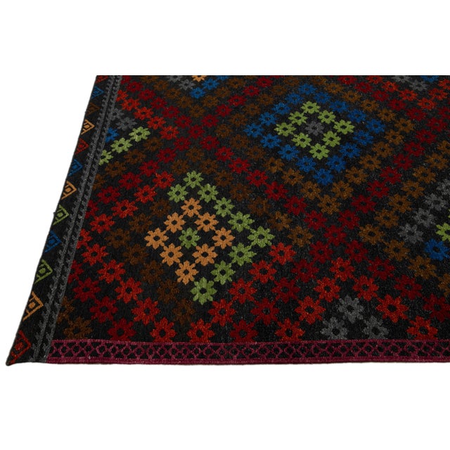 Multicolor Modern Soumak Handmade Geometric Designed Wool Rug For Sale - Image 4 of 11
