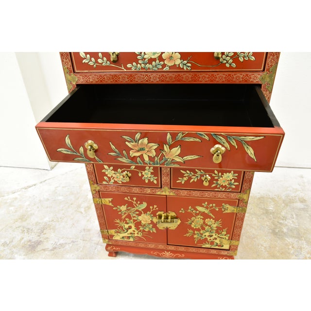 1980s Chinoiserie Red Lacquer Five-Drawer Storage Cabinet For Sale - Image 9 of 10