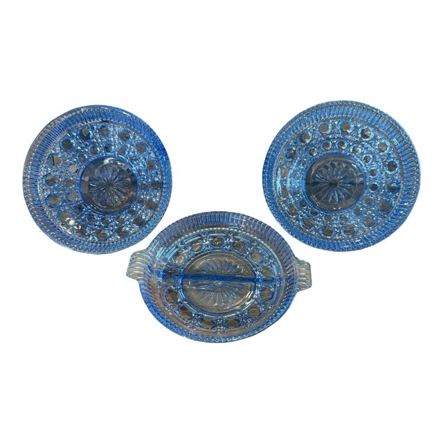 Vintage Indiana Glass Style 2 Bowls & 1 Divided Dish Blue Windsor Pattern (Set of 3) For Sale
