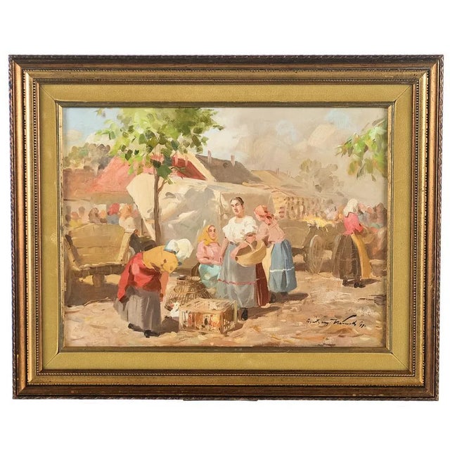 Gyula Nemeth -Women at an Outdoor Market- Hungarian Oil Painting C.1910 For Sale